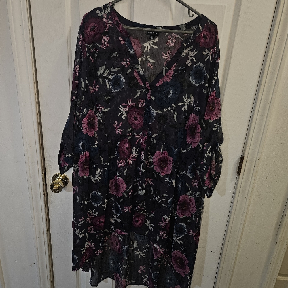 Torrid Black & Pink Metallic Whimisigoth Semi sheer faux wrap hi-lo tunic top 4X